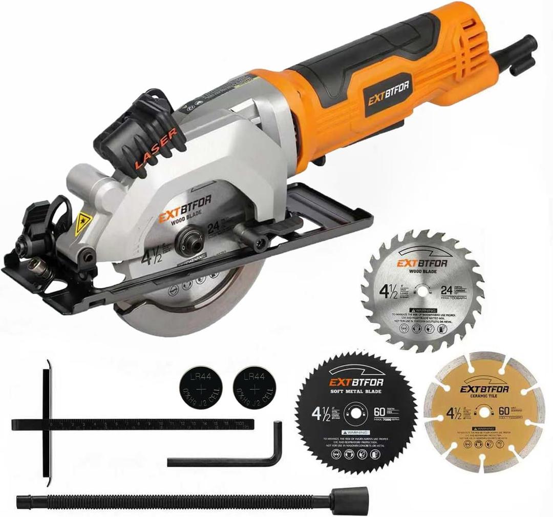 Power Circular Saw, 4.8A Mini Circular Saw with Laser Guide,4000RPM Corded Saw Equipped with 3 Pcs 4-1/2" Blades, Maximum Cutting 1-11/16" at 90 and 1-1/8"at 45 for Wood, Soft Metal, Plastic