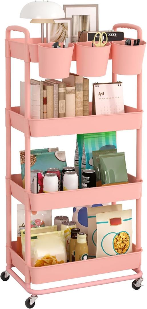 JIUYOTREE 4Tier Plastic Rolling Storage Cart Utility Cart with Extra Hanging Cups Handles Lockable Wheels for Living Room Bathroom Kitchen Office Pink