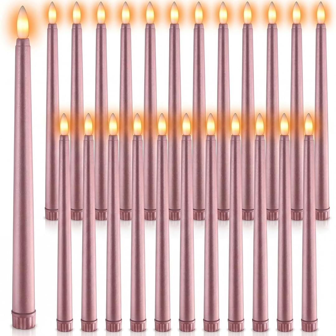 Macarrie 24 Packs Flameless Taper Candles Battery Operated Fake 11 Inch Long Candlelight LED Flameless Candlesticks Flickering Tapered for Spring Summer Wedding(Rose Gold)
