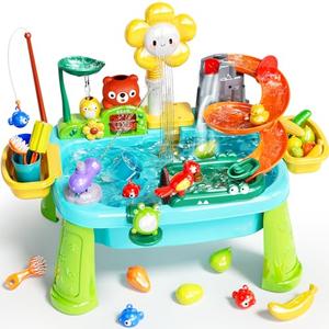 Pupu Pig Water Table Play Sink Toys for Toddlers, Kids Play Kitchen Sink with Running Water, 360° Electric Faucet, Floating Fishing Game, Sensory Water Table Toys for Boys Girls Summer Gifts