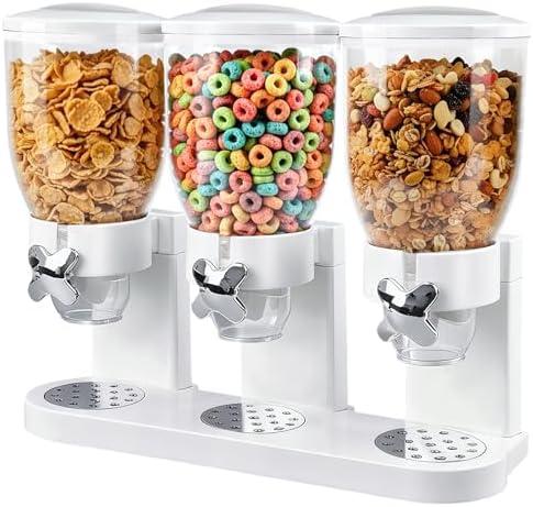 Adorabby Triple Cereal Dispenser Countertop 2L, Airtight Cereal Containers Storage, Large Capacity Total 6L for Kitchen Pantry, Rotating Dry Food Dispenser for Candy, Nut, Coffee Beans, White