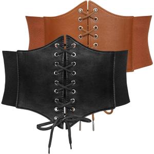 JASGOOD 2 Pack Womens Elastic Costume Waist Belt Lace-up Tied Waspie Corset Belts for Women Corset Belt (Fit Waist Size 38"-41", Black+brown)