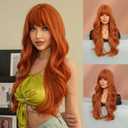 7JHH WIGS Long Wavy Orange Wig 28in Natural Heat Resistant Fiber Synthetic Curly Ginger Cosplay Halloween Wigs with Bangs for Women Girls Daily Party Holiday Festival Chrismas Used