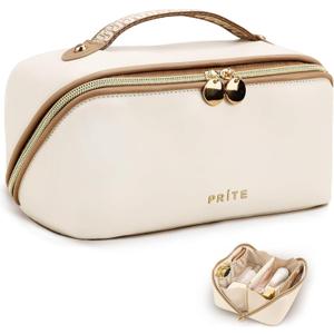 Prite Makeup Bag for Women Travel Waterproof Vegan Leather Cosmetic Bag Open Flat Toiletry Bag With Clear Divider and Handle (Beige) (Medium)