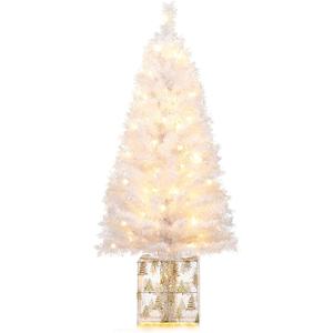 Brightever 4 FT Artificial Christmas Tree, Pre-lit Small Christmas Trees with Warm White String Lights & Unique Gold Gift Box Base, Plug in White Outdoor Xmas Trees for Front Door, Fireplace, Patio