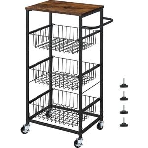 4 Tier Kitchen Storage Cart, Snack Rack Cart with Pull-Out Fruit Baskets, Mobile Pantry Cart with Wheels, Kitchen, Bathroom, Brown