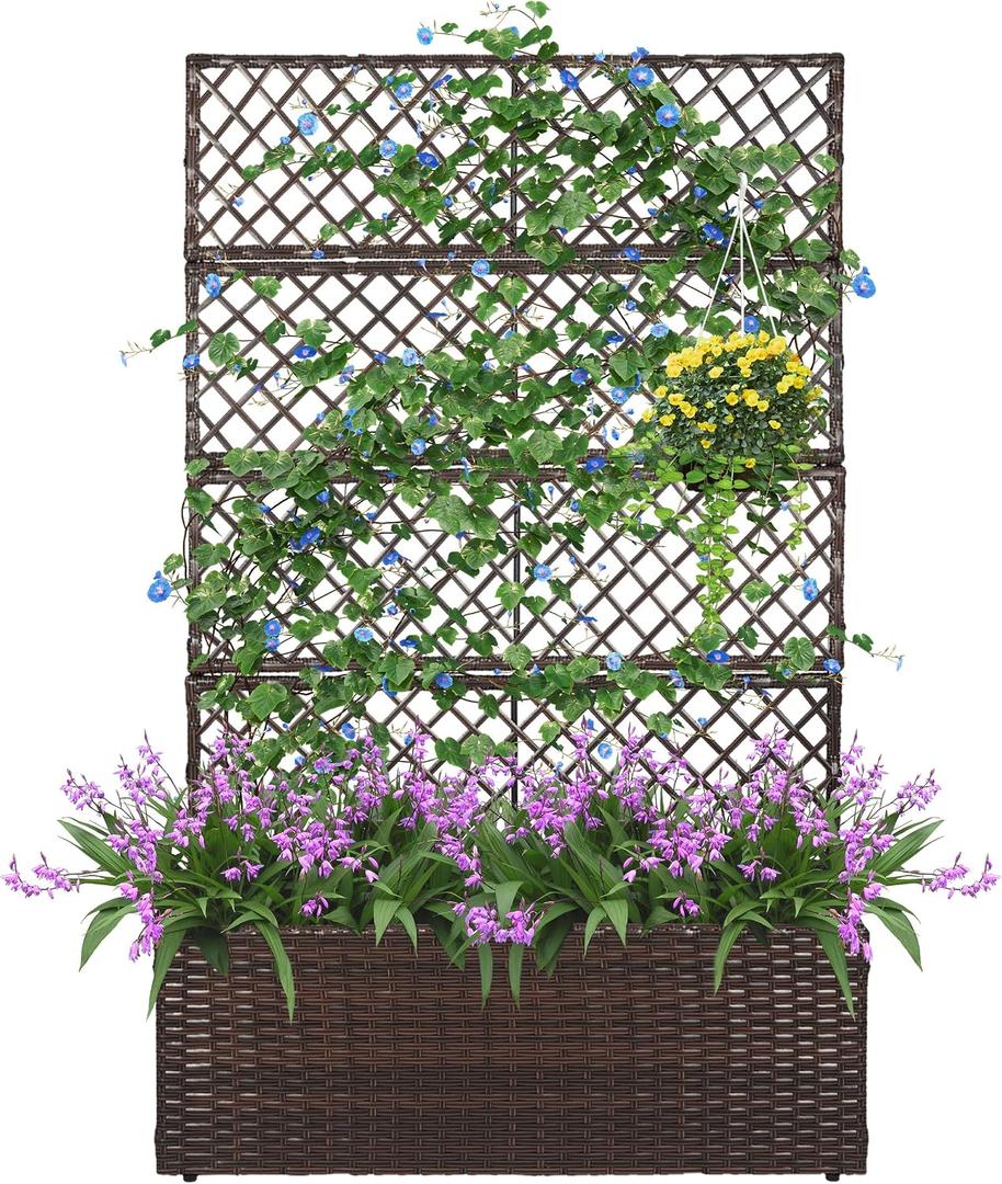 52’’ H Garden Planter Box with Trellis Outdoor for Vine Climbing Plants, Flowers Handwoven Rattan Garden Bed with Removable Liners for Backyard Patio Balcony