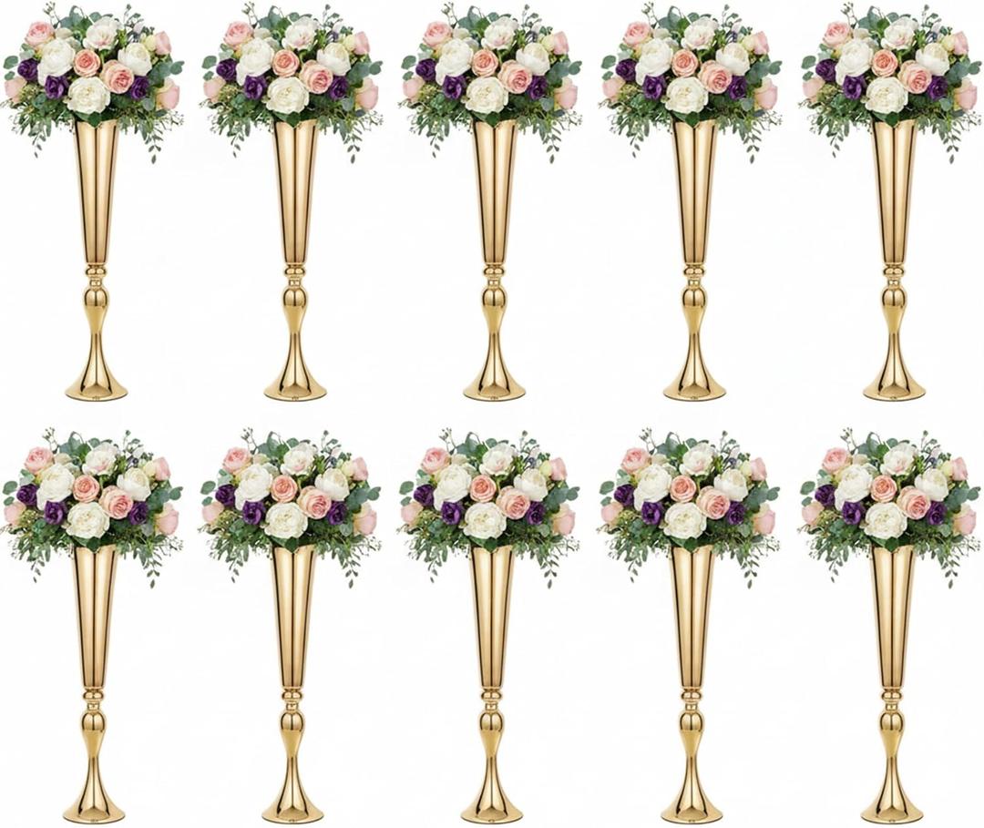 Metal Trumpet Vases for Centerpieces - Set of 10 Elegant Gold Vases for Table, 21.9" Tall Flower Stands for Table Centerpieces Anniversary Celebration Christmas Event Party Home Wedding Decorations