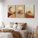 3Pcs Boho Sun and Moon Canvas Wall Art Abstract Poster Print Mid Century Modern Picture Earth Tone Minimalist Celestial Painting Wall Decor for Bedroom Living Room 16x24in Framed