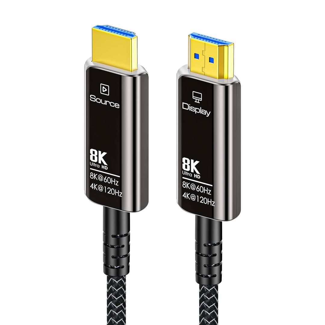 50FT Fiber Optic HDMI Cable 8K with Hard Wear Nylon Braided HDMI 2.1 Cord, Supports 8K@60Hz 4K@120Hz Ultra High Speed 48Gbps Dynamic HDR, Male-to-Male