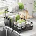 Dish Drying Rack, Dish Racks for Kitchen, 1 Tier or 2 Tiers Large Dish Drainer Organizer with Utensil Holder, Kitchen Counter Organizers and Storage Rack with Drainboard, Screw-Free Mounting (Black)