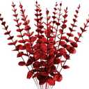 ABAJI Plastic Eucalyptus Wine Red Stems 12 PCS Fake Faux Decorations with Artificial Leaves Greenery Plant Leaf Suitable Home Office House Table Desk Decor Wedding Party Vase Forever Live 2Pack