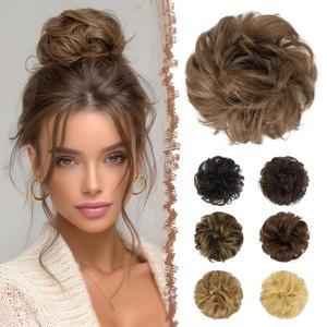 FESHFEN 100% Human Messy Bun - Human Hair Bun Real Elastic Scrunchies Hair Pieces Soft Fluffy Wavy Ponytail Extensions Updo Chignon Hairpieces for Women, Ash Brown