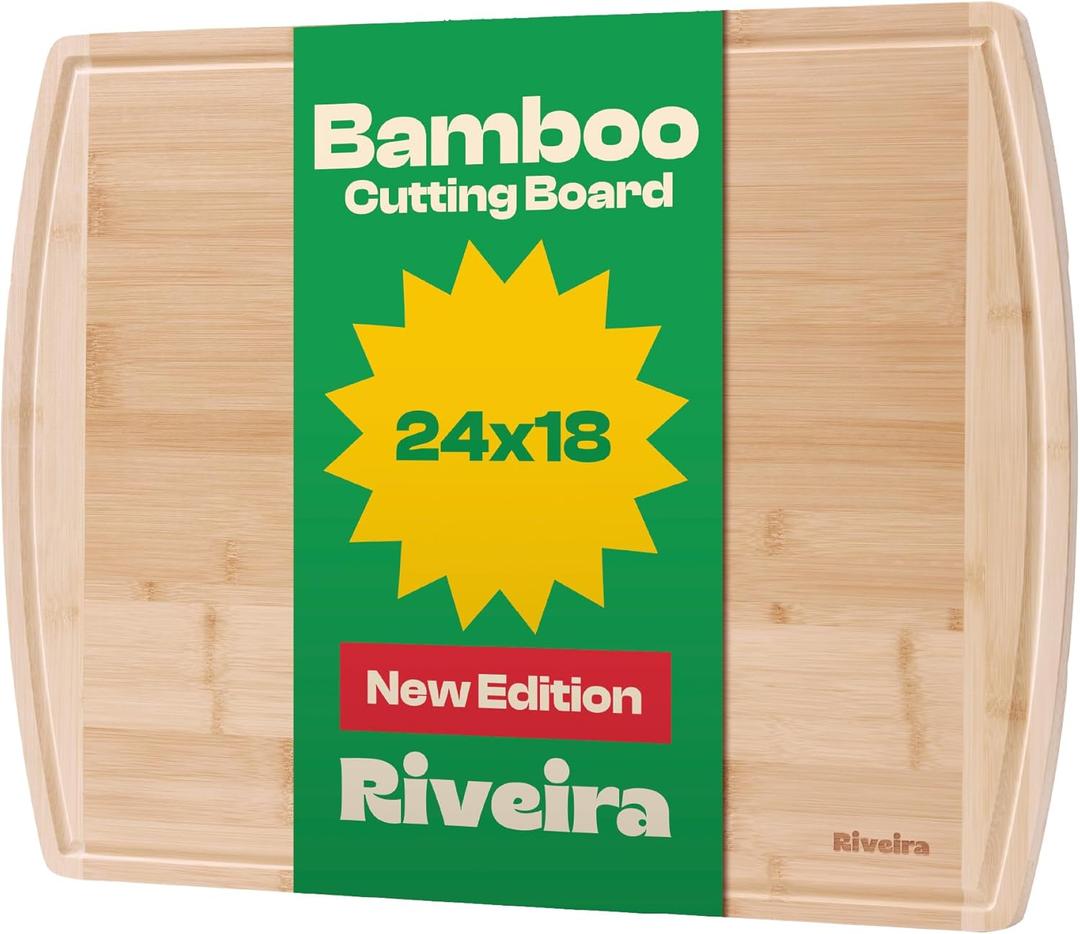 Riveira Two Tone Bamboo Wood Cutting Board  Gourmet Bamboo Grandeur: 24 x 18 Wooden Cutting Board  Wooden Cutting Boards For Kitchen Decorative  Innovative Juice Grooves Wooden Chopping Board