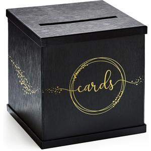Black & Gold Card Box, Large 10” Gift Card Holder for Wedding Reception, Graduation Party, Funeral Memorial, Birthday, Bridal & Baby Shower, Retirement, Donation Basket, Money, Envelope Box with Slot