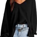 Womens Waffle Knit Tops Fashion 2026 Long Lantern Sleeve Casual Blouses V Neck Oversized T Shirts, XXL