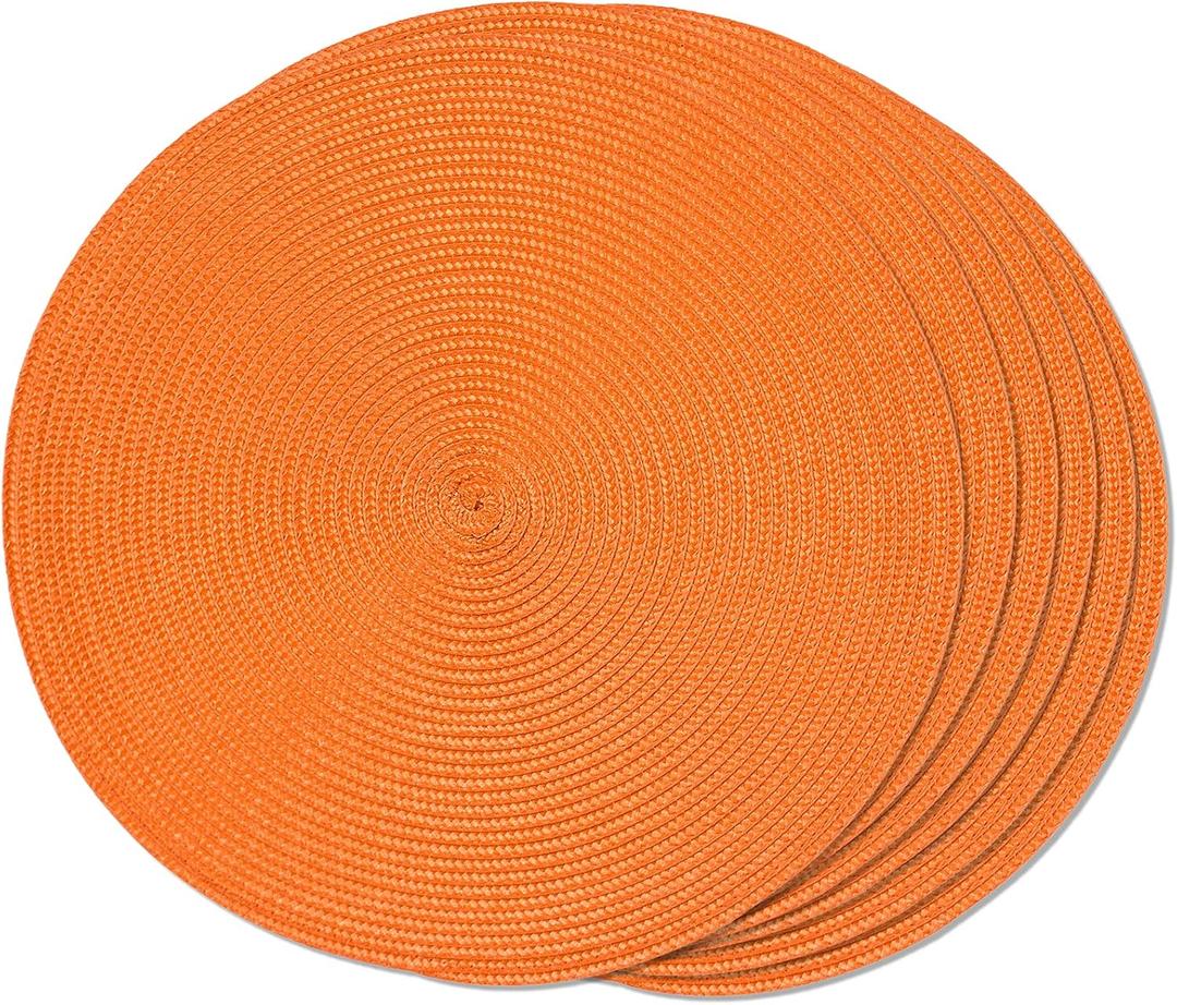 FunWheat Round Braided Placemats Set of 6 Table Mats for Dining Tables Woven Washable Non-Slip Place mats 15 inch(Orange, 6pcs)