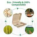 Aricsen Compostable 100 Pack 8x8 Inch 3 Compartment Takeout Lunch Box Containers with Lid To Go Take Out Clamshell for Food, Disposable Eco-Friendly Biodegradable Bagasse, PFAS-Free, Unbleached Brown