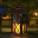 Outdoor Solar Lanterns, Waterproof Hanging Lantern with LED Flickering Flameless Candle, 13'' Bronze Outdoor Solar Powered Lantern Decor for Porch Patio Garden Balcony Pathway, 1 Pack, Bronze