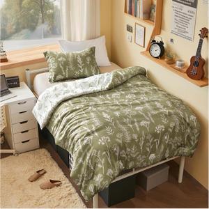Joiedomi Twin Comforter Set Olive Green, 2 Pieces Floral Twin Bedding Set with 1 Soft Reversible Botanical Comforter and 1 Pillow Sham, Bed in a Bag for All Seasons