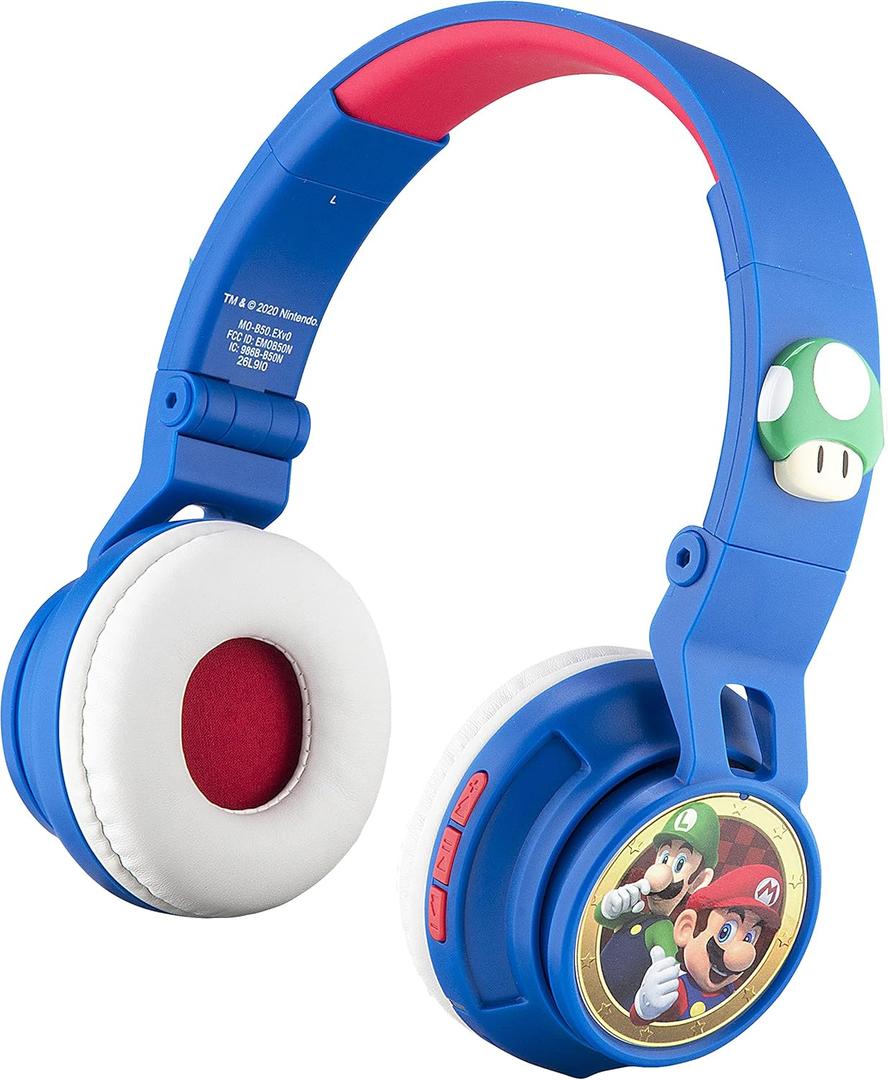 eKids Super Mario Kids Bluetooth Headphones with Microphone, Includes Aux Cord, Volume Reduced, Foldable for School, Home, or Travel