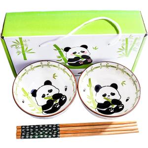 Cute Ceramic Rice Bowl Set with Bamboo Design and Chopsticks Set of 2