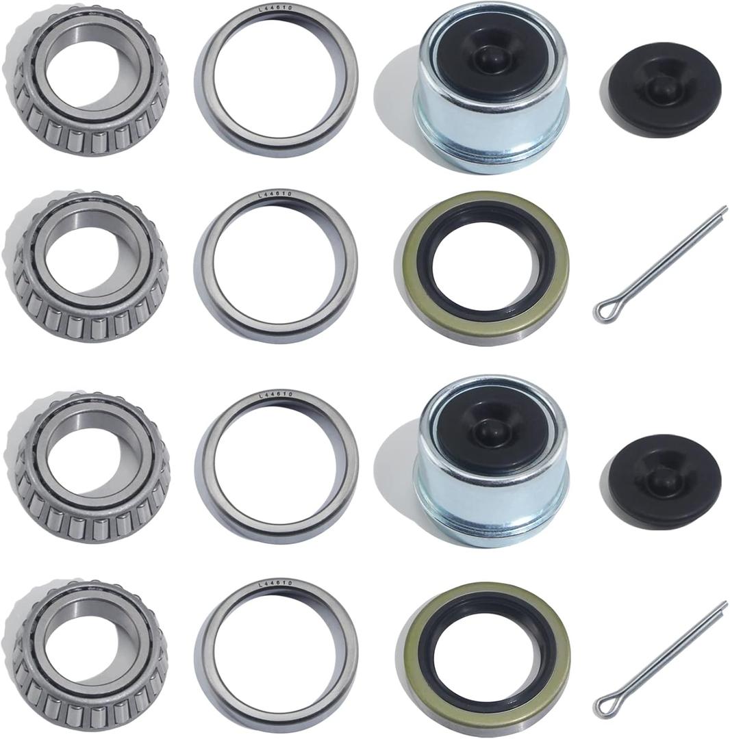 2Sets for 1'' Axle Trailer Hub Bearings Kits, L44643 / L44610 Bearings Set, 12192TB Grease Seals, 1.98'' Dust Caps, Rubber Seals & Cotter Pins for 2000-2200 lbs Trailer Axles