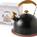 LONFFERY Tea Kettle for Stove Top, 2.5 Quart Whistling Tea Kettle, with Food Grade Stainless Steel and Wood Pattern Folding Handle, Black