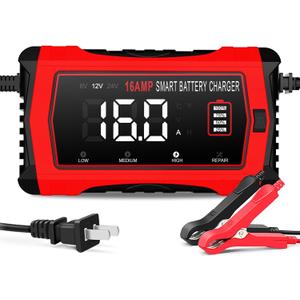 16 Amp Battery Charger, Car Battery Charger 6V 12V 24V Lithium,Lifepo4,Lead-Acid(AGM/Gel/SLA..),Battery Maintainer, Trickle Charger, and Battery Desulfator for Car,Boat,Motorcycle