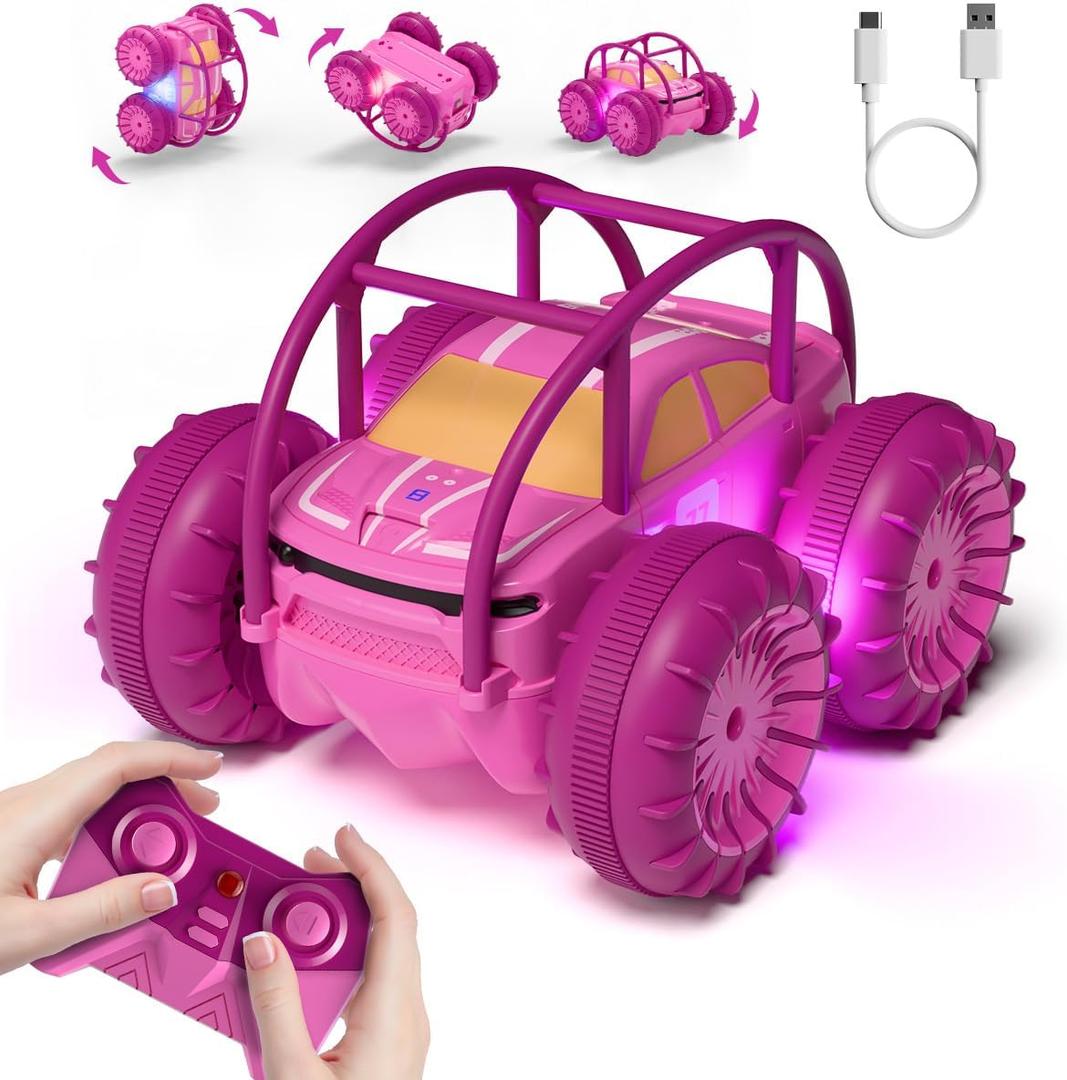 MaxTronic Amphibious Remote Control Car,Rechargeable RC Cars Toy 360 Flips Rotation Stunt Crawler 15KM/H 4WD All Terrain Outdoor Indoor Toy for Kids Boys Girls 3-12 (Pink)