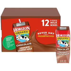 Horizon Organic Shelf Stable 1% Lowfat Chocolate Milk Boxes, 8 fl oz, 12 Count - 8g Protein per Serving, USDA Organic UHT from Pasture-Raised Cows, Ready to Drink for Lunchbox, Travel, or On-the-Go, No Refrigeration Needed (EXP 07/09/26)