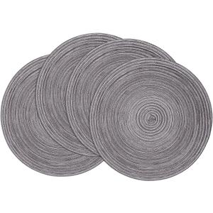 SHACOS Round Placemats Set of 4 Round Braided Placemats 15 inch Cotton Polyester Woven Table Placemats for Dining Table Holiday Party (Black Grey, 4)