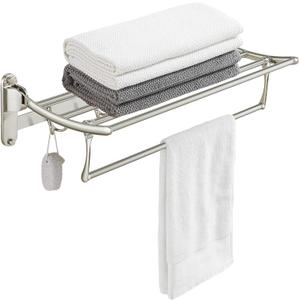 BESy 24 Inch Brushed Nickel Towel Racks, Bathroom Towel Shelf with Foldable Towel Bar Holder and Towel Hooks, Wall Mounted Multifunctional Bathroom Accessories, Double Towel Bars