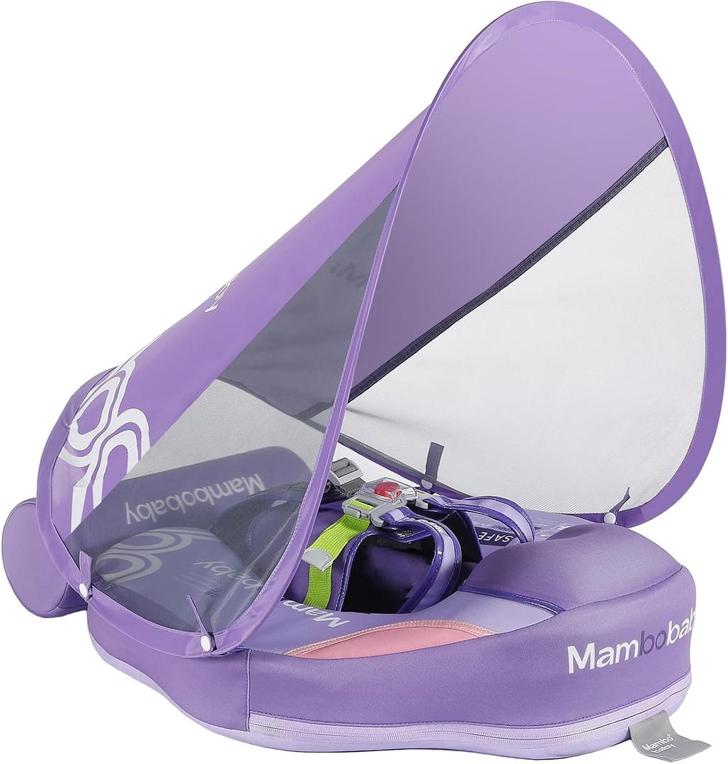 Mambobaby Float with Canopy and Tail New Upgraded Non-Inflatable Baby Pool Float Mambo Float Swim Trainer Solid Infant Swim Float Adjustable Pearl Foam Baby Swim Ring Cloth ZS Purple