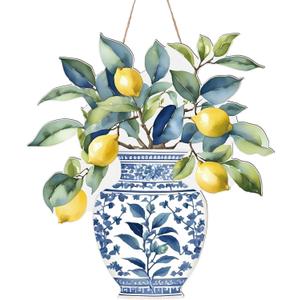 AceOrbit Chinoiserie Lemon Wall Art Decor 13.8 Inch Blue and White Chinoiserie Porcelain Door Decoration Wooden Farmhouse Summer Lemons Hanging Decor for Living Room Kitchen Indoor Outdoor Home Porch