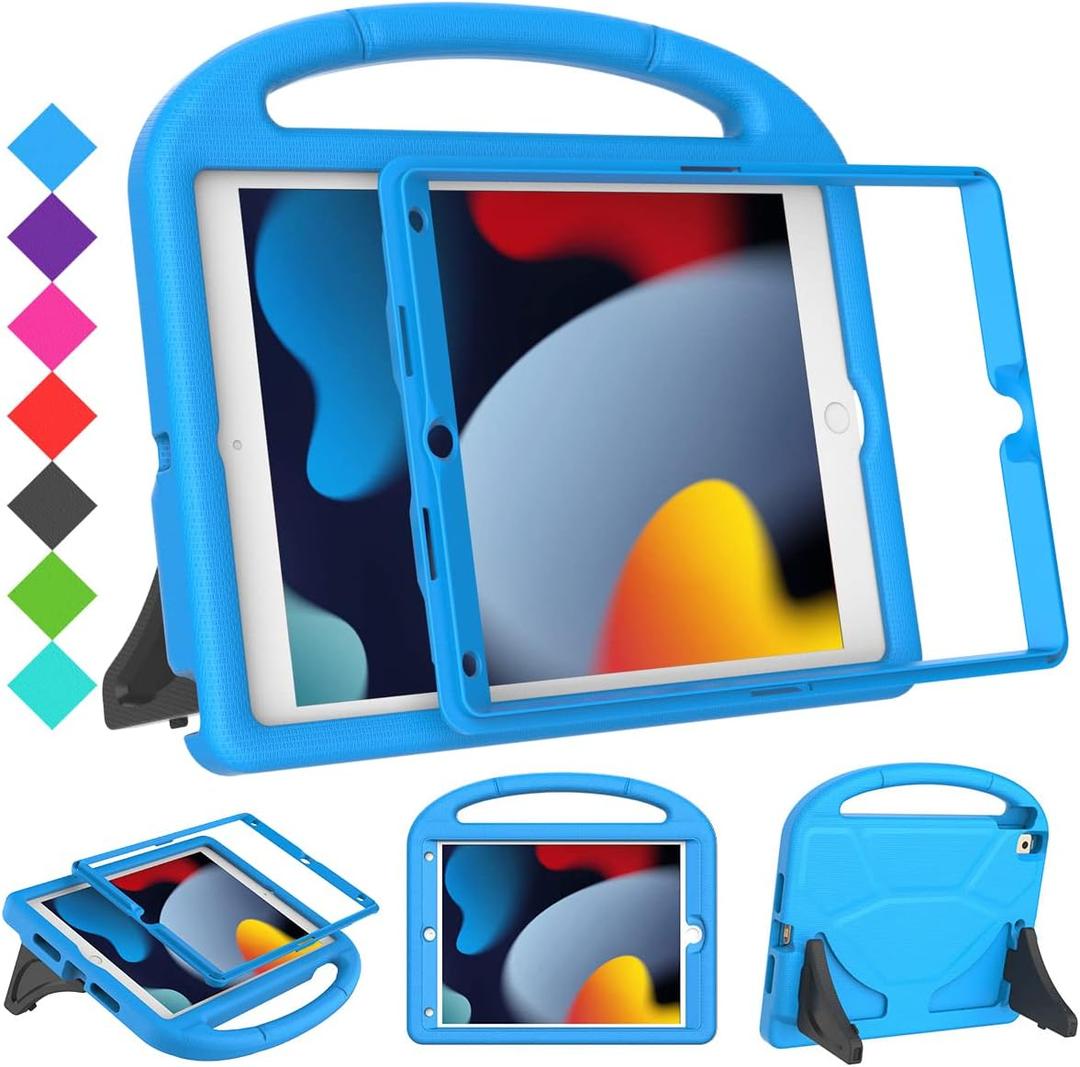 Kids Case for iPad 9th/ 8th/ 7th Generation - iPad 10.2 inch 2021/ 2020/ 2019 Case with Built-in Screen Protector, Durable Shockproof Handle Stand Kids Cover for Apple iPad 7/ 8/ 9 Gen, Blue