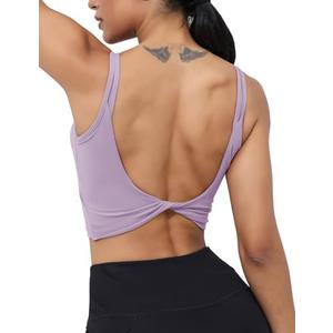 LUYAA Womens Workout Sports Bras Backless Padded Yoga Tank Tops Crop Twist Low Back Cami Bra for Gym, Size Medium