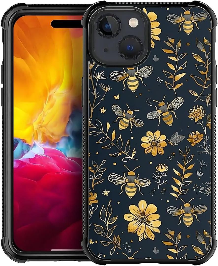 Compatible with iPhone 15 Plus Case,Vintage Yellow Bee Floral Amazing Pattern Design Shockproof Anti-Scratch Hard PC Back Case for iPhone 15 Plus