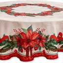 YiHomer Poinsettia Ribbon Engineered Printed Fabric Christmas Tabletop for Xmas Winter Holiday, Christmas Time, Tablecloth, 70" Round