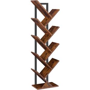 HOOBRO Tree Bookshelf, 9-Tier Bookcase Wooden Shelves, Floor Standing Storage Rack, for Display of CDs, Books in Living Room, Home Office, Wood Storage Rack for Bedroom, Rustic Brown BF08SJ01G1 (7.9"D x 13.4"W x 45.6"H)