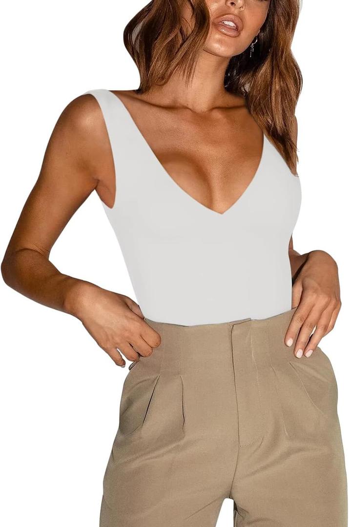 REORIA Butsmooth Womens Trendy Sexy Plunge Deep V Neck Sleeveless V Backless Going Out Tank Bodysuits Tops (Medium, White)