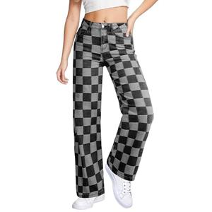 Sidefeel Jeans for Women Trendy High Waisted Wide Leg Stretchy Checkered Straight Leg Loose Denim Pants Black Size 8