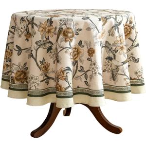 ISAENNE Designer Vintage Linen Round Table Cloth,Floral and Bird Pattern Elegant Tablecloth,Fall Wrinkle Resistant Home Decor Tablecloths for Dining Kitchen Christmas,Diameter 67"-Murad A