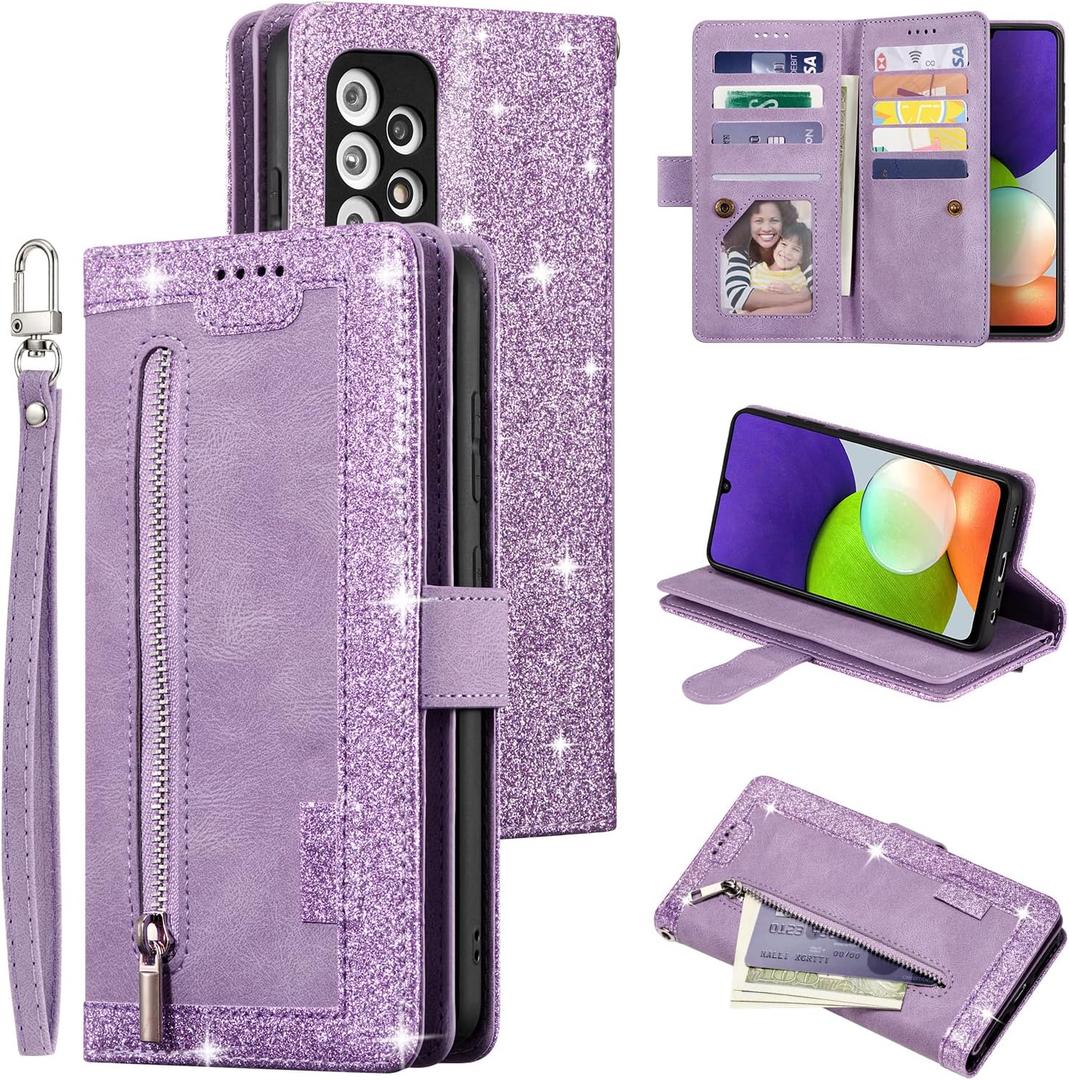 UEEBAI Wallet Case for Samsung Galaxy A52 4G/5G A52S, Retro 9 Card Holder Slots Zipper Pocket Handbag Case PU Leather Magnetic Closure Kickstand Wrist Strap Shockproof Flip Case - Glitter Purple