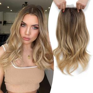 Fine Plus 18'' Hair Toppers for Women, Synthetic Hair Topper Adds Volume and Top Coverage for Thinning Hair & Gray Roots with Natural Body Wavy Texture in Ombre Brown Blonde