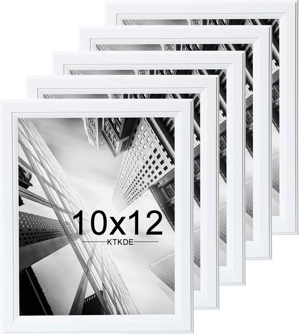 KTKDE 10x12 Picture Frame Set of 5,White Wooded Shatter Resistant Glass, Vertical & Horizontal Wall Hanging for Wall or Tapletop Display,Studio Gallery Photo Frame for Photos, Posters & Art Prints
