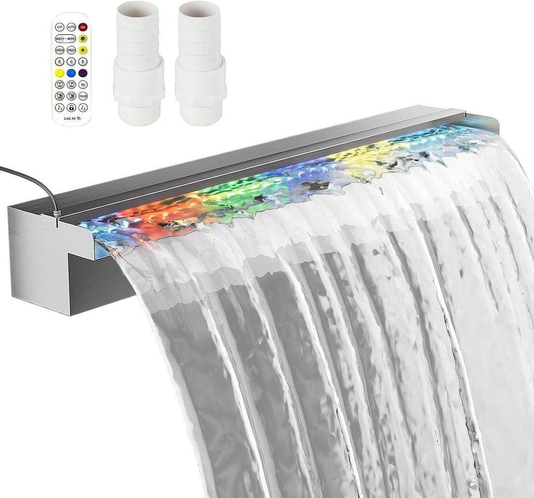 Pool Fountain Stainless Steel Waterfall with LED Lights - 23.6" LED Strip Remote Control with 18 Colors, Smooth Water Flow & Cascade Blade, Easy Installation for Outdoor, Garden, Patio & Ponds