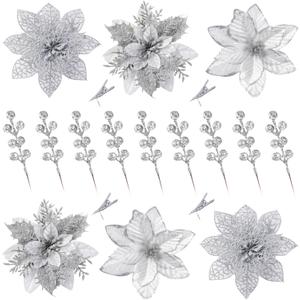 Sggvecsy 30 Pcs 3 Styles Christmas Glitter Poinsettia Flowers Artificial Berry Picks Christmas Tree Ornaments Artificial Christmas Flowers with Clips for Xmas Wreath Wedding Floral Decorations(Silver)