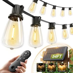 addlon 54(48+6) FT Solar String Lights Waterproof,Patio Lights Solar Powered with Remote & USB Port 15+1 LED Shatterproof Bulbs 3 Light Modes, Dimmable Solar Light for Camping Backyard Garden