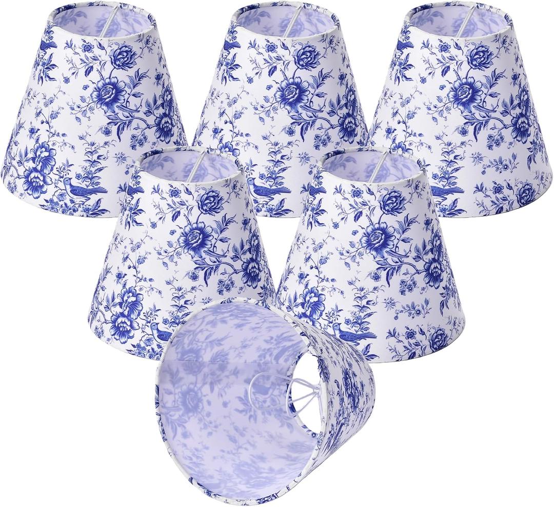 Chandelier Shades Set of 6 Clip-On,Small Empire Lamp Shades Printed Fabric 3.1" x 5.9" x 5.1" for E12 Candelabra Bulbs, Blue Bird Floral Design Light Covers for Chandeliers, Wall Sconces, Table Lamps